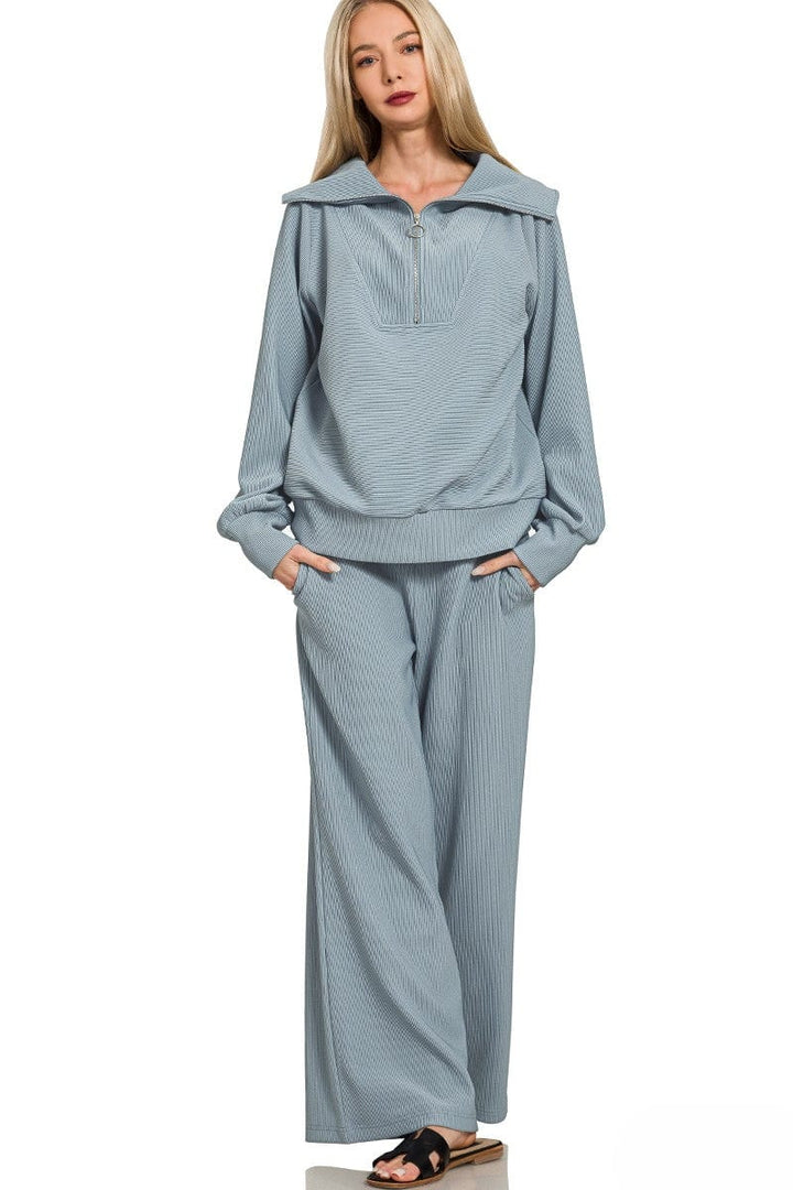 Zenana Ribbed High Neck Half Zip Pullover and Pants Set