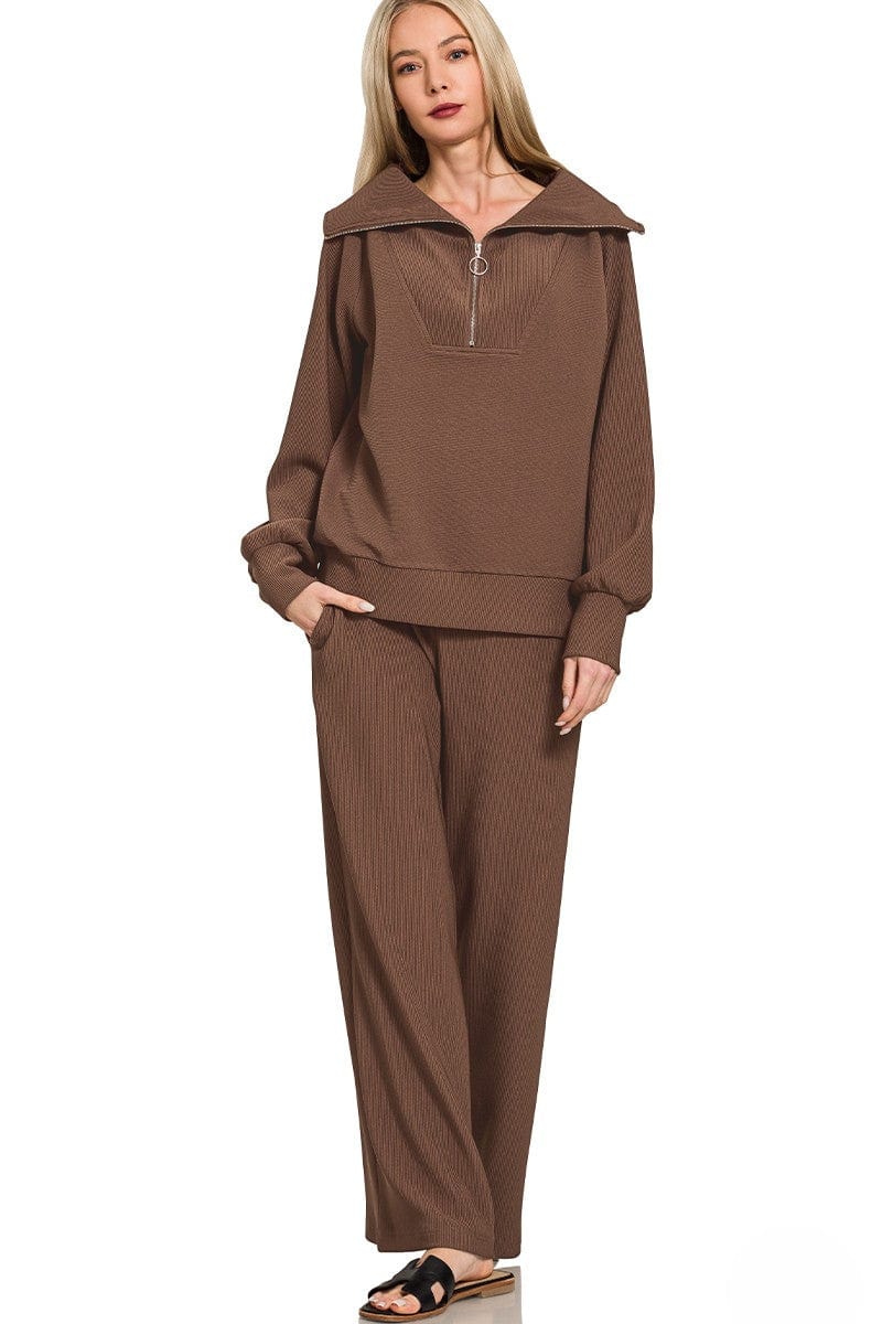 Zenana Ribbed High Neck Half Zip Pullover and Pants Set