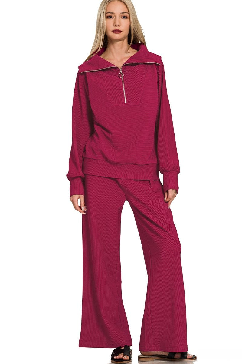 Zenana Ribbed High Neck Half Zip Pullover and Pants Set