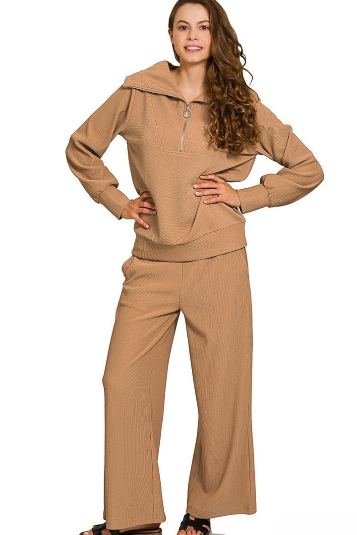 Zenana Ribbed High Neck Half Zip Pullover and Pants Set