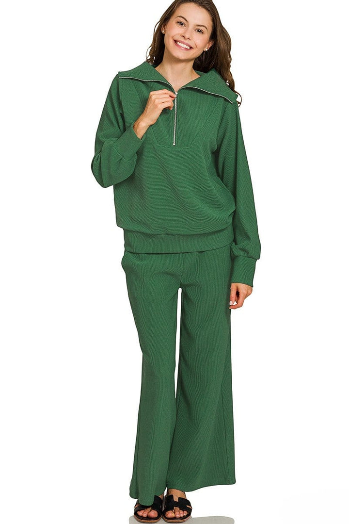 Zenana Ribbed High Neck Half Zip Pullover and Pants Set