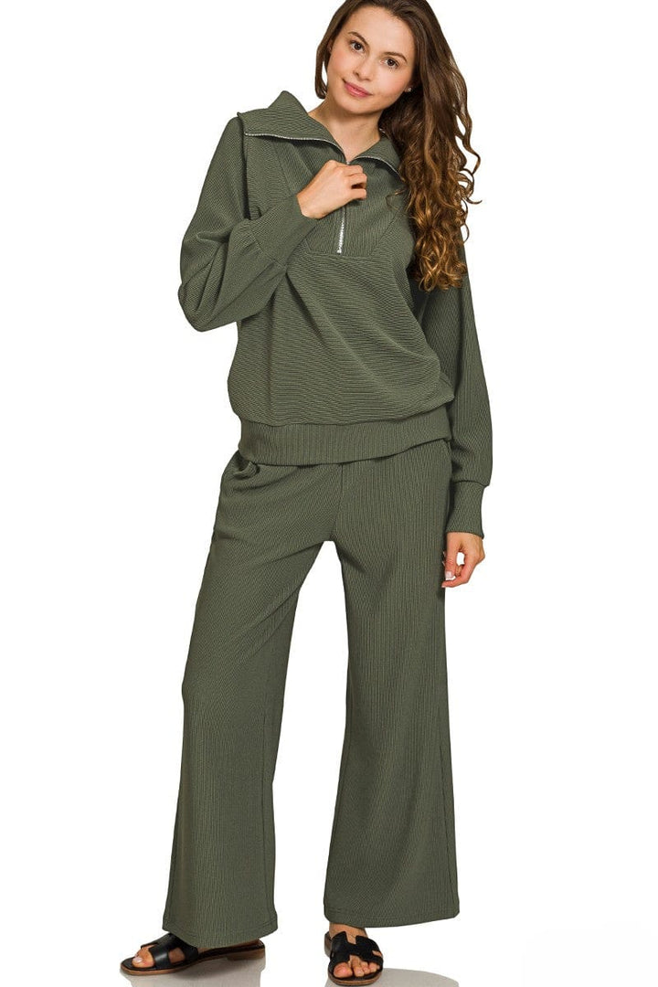 Zenana Ribbed High Neck Half Zip Pullover and Pants Set