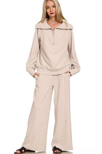 Zenana Ribbed High Neck Half Zip Pullover and Pants Set