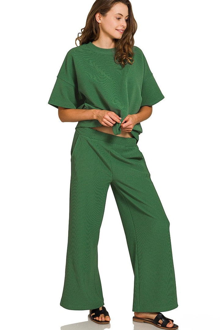 Zenana Ribbed Round Neck Short Sleeve Tee and Pants Set