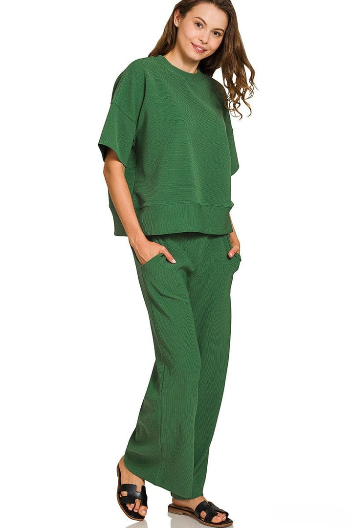 Zenana Ribbed Round Neck Short Sleeve Tee and Pants Set