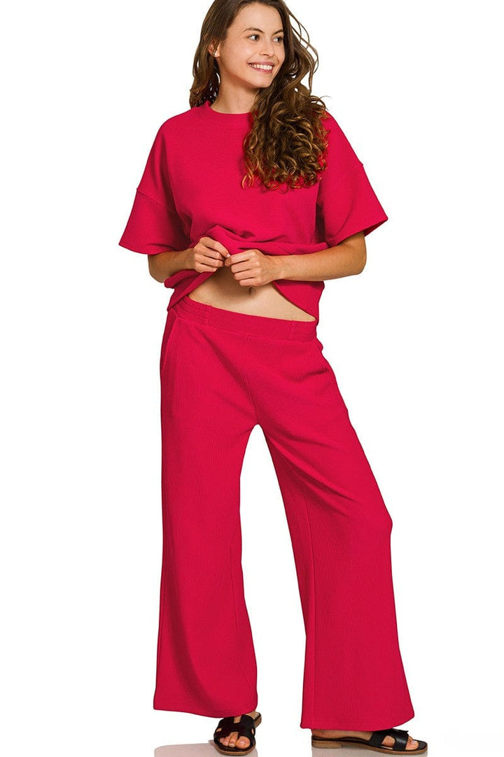 Zenana Ribbed Round Neck Short Sleeve Tee and Pants Set