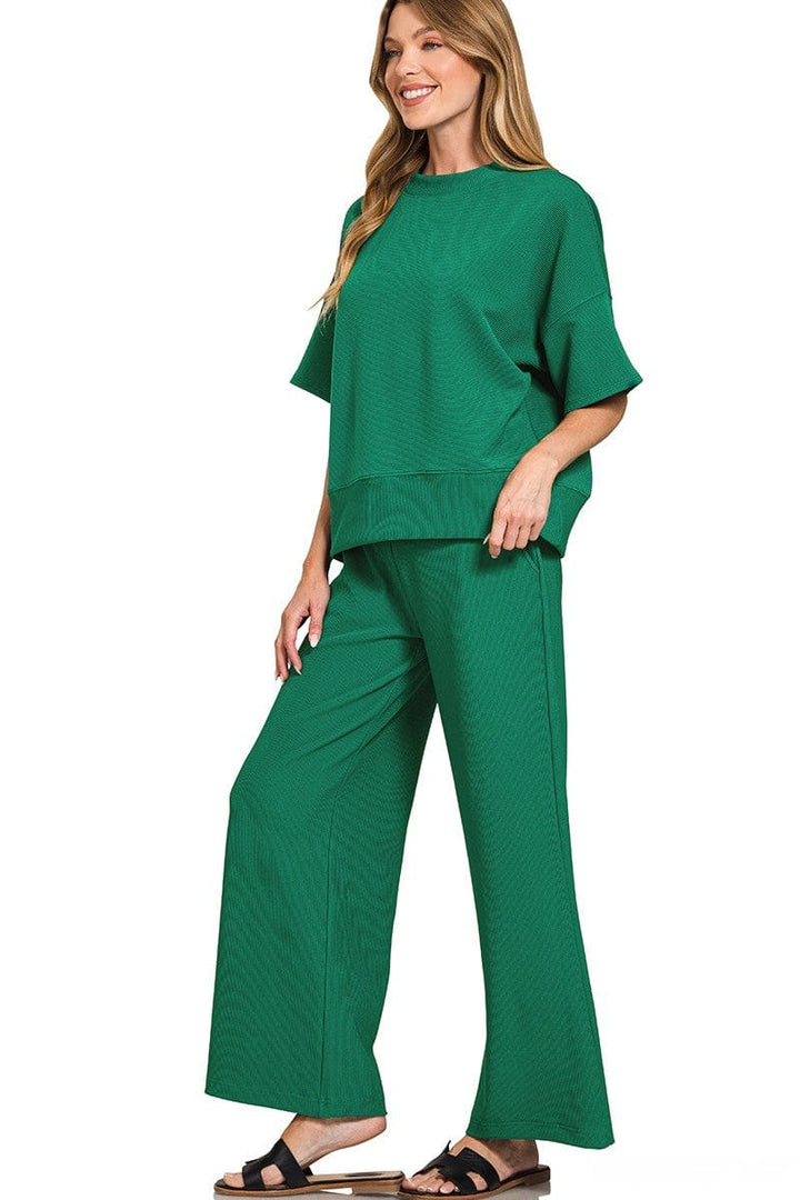 Zenana Ribbed Round Neck Short Sleeve Tee and Pants Set