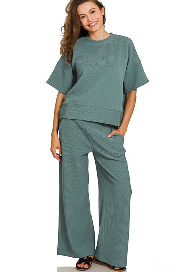 Zenana Ribbed Round Neck Short Sleeve Tee and Pants Set