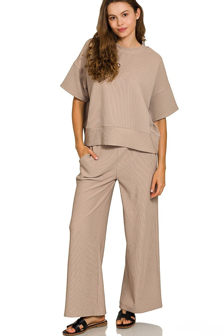 Zenana Ribbed Round Neck Short Sleeve Tee and Pants Set