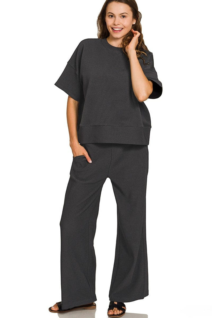 Zenana Ribbed Round Neck Short Sleeve Tee and Pants Set