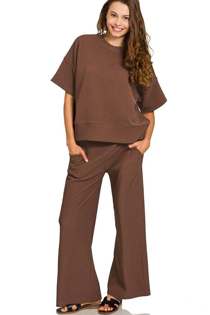 Zenana Ribbed Round Neck Short Sleeve Tee and Pants Set