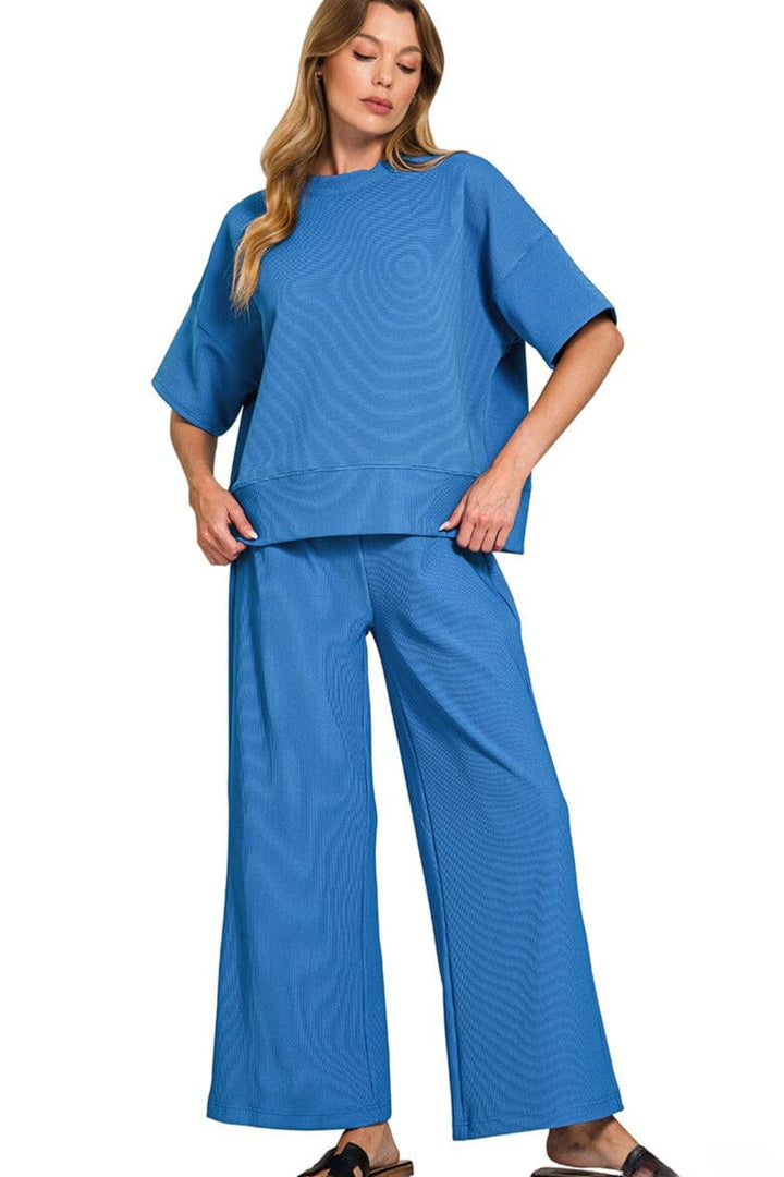 Zenana Ribbed Round Neck Short Sleeve Tee and Pants Set