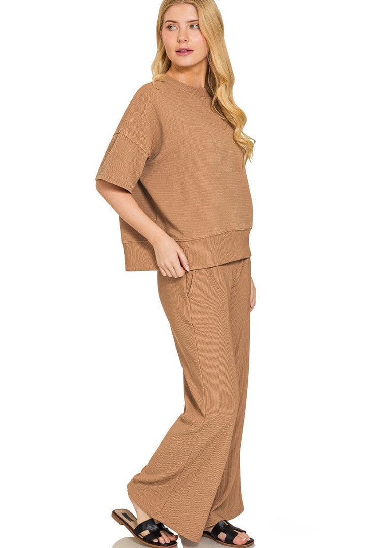 Zenana Ribbed Round Neck Short Sleeve Tee and Pants Set