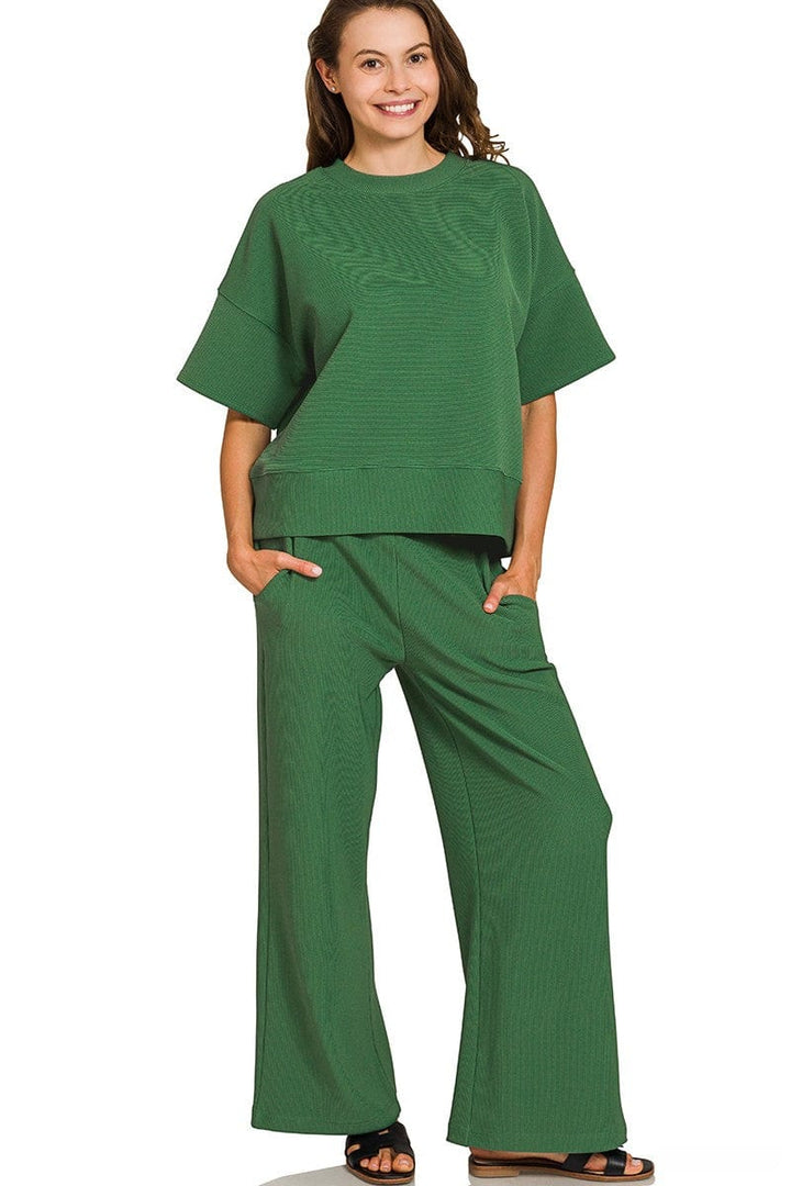 Zenana Ribbed Round Neck Short Sleeve Tee and Pants Set