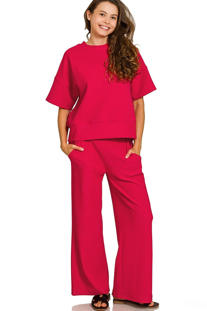 Zenana Ribbed Round Neck Short Sleeve Tee and Pants Set