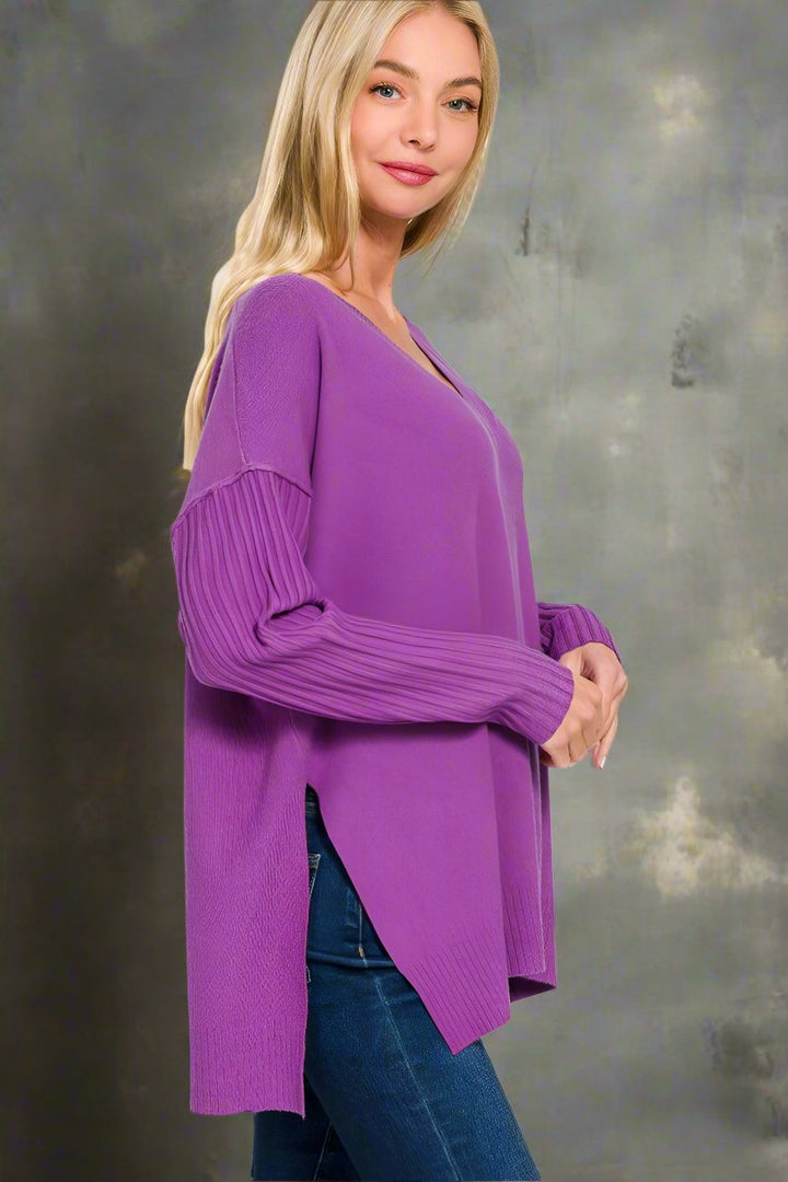 Zenana Ribbed Sleeves V-Neck Viscose Sweater