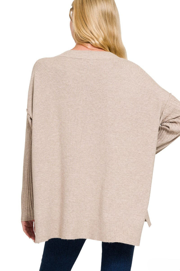 Zenana Ribbed Sleeves V-Neck Viscose Sweater