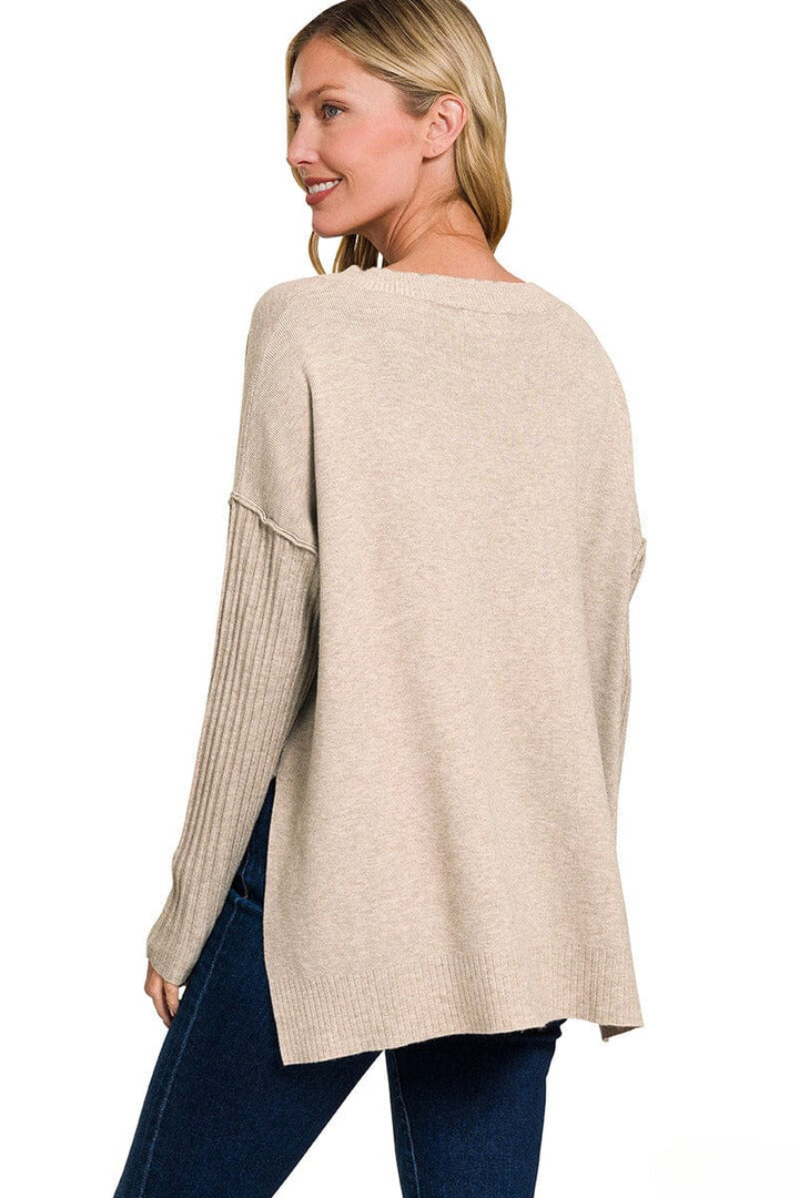 Zenana Ribbed Sleeves V-Neck Viscose Sweater