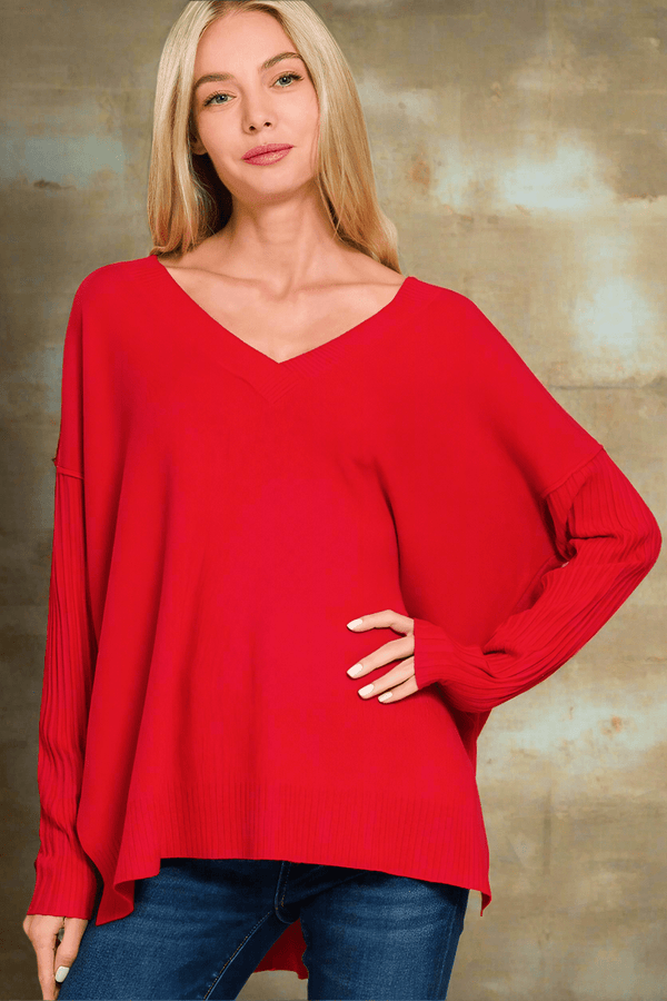 Zenana Ribbed Sleeves V-Neck Viscose Sweater