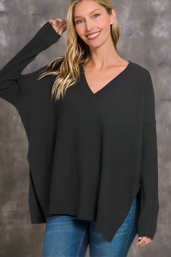 Zenana Ribbed Sleeves V-Neck Viscose Sweater