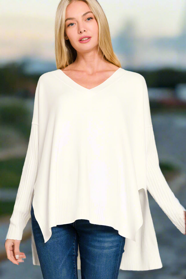 Zenana Ribbed Sleeves V-Neck Viscose Sweater