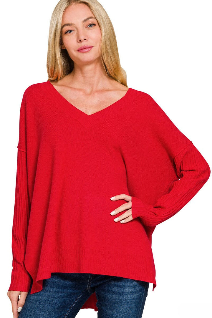 Zenana Ribbed Sleeves V-Neck Viscose Sweater