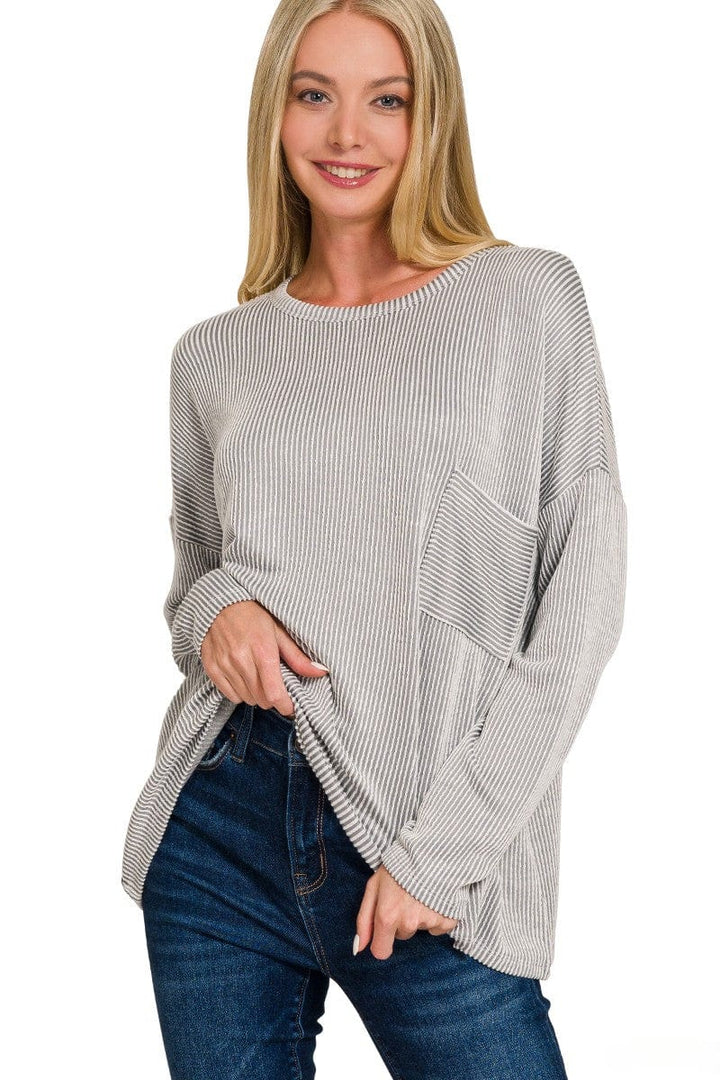 Zenana Ribbed Striped Oversized Long Sleeve Front Pocket Top