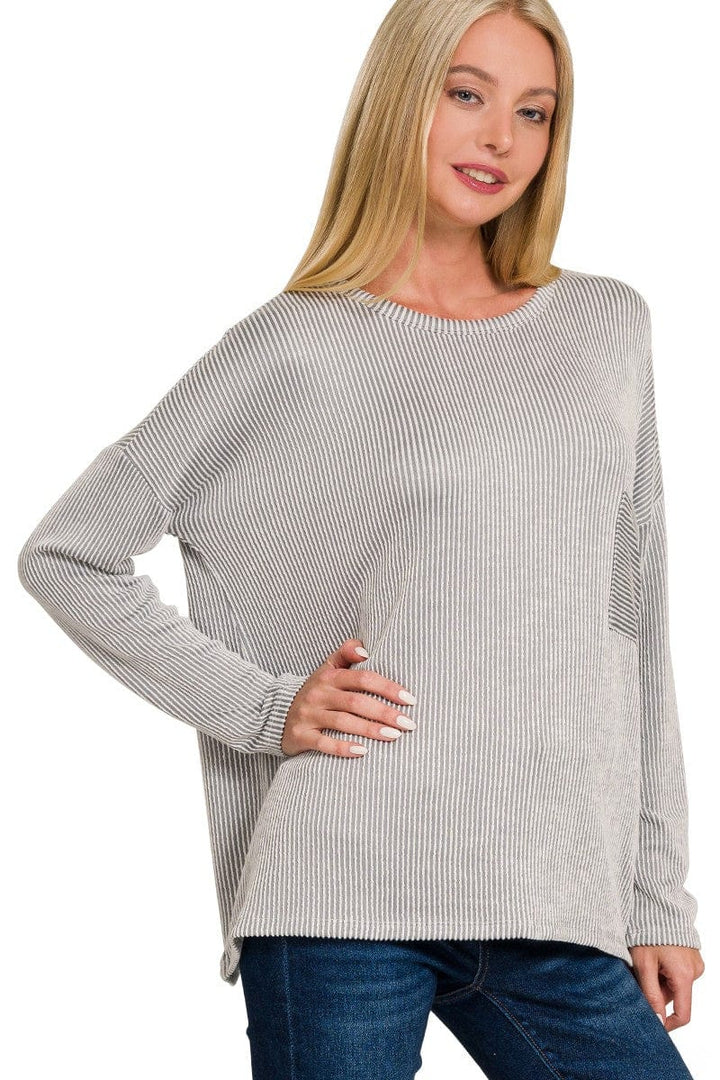Zenana Ribbed Striped Oversized Long Sleeve Front Pocket Top