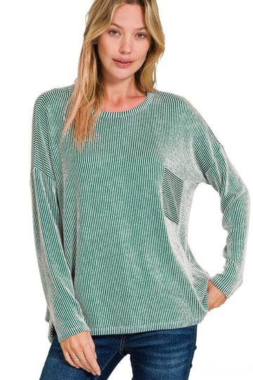 Zenana Ribbed Striped Oversized Long Sleeve Front Pocket Top