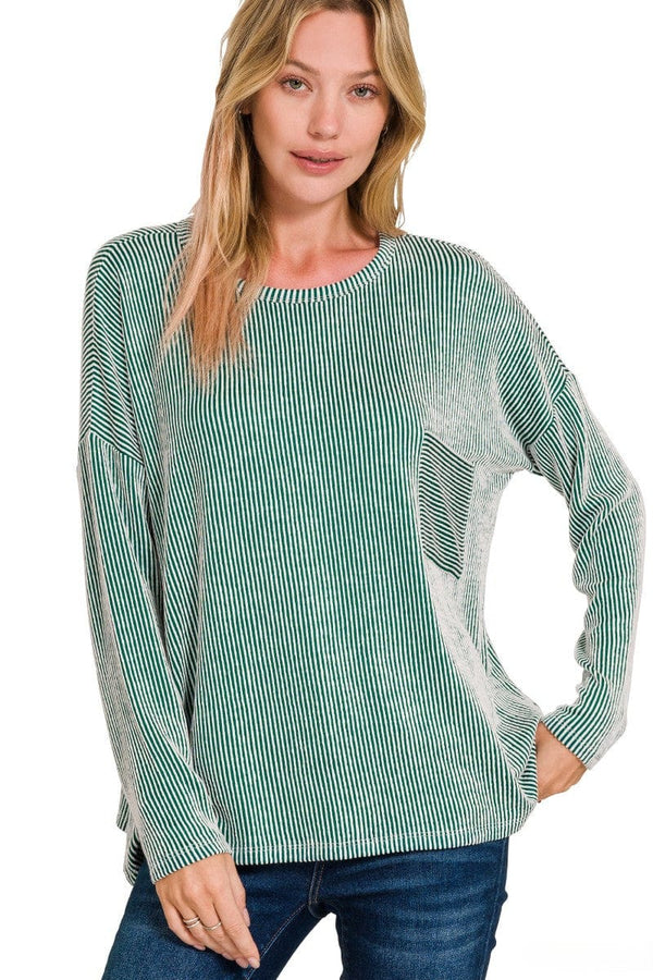 Zenana Ribbed Striped Oversized Long Sleeve Front Pocket Top