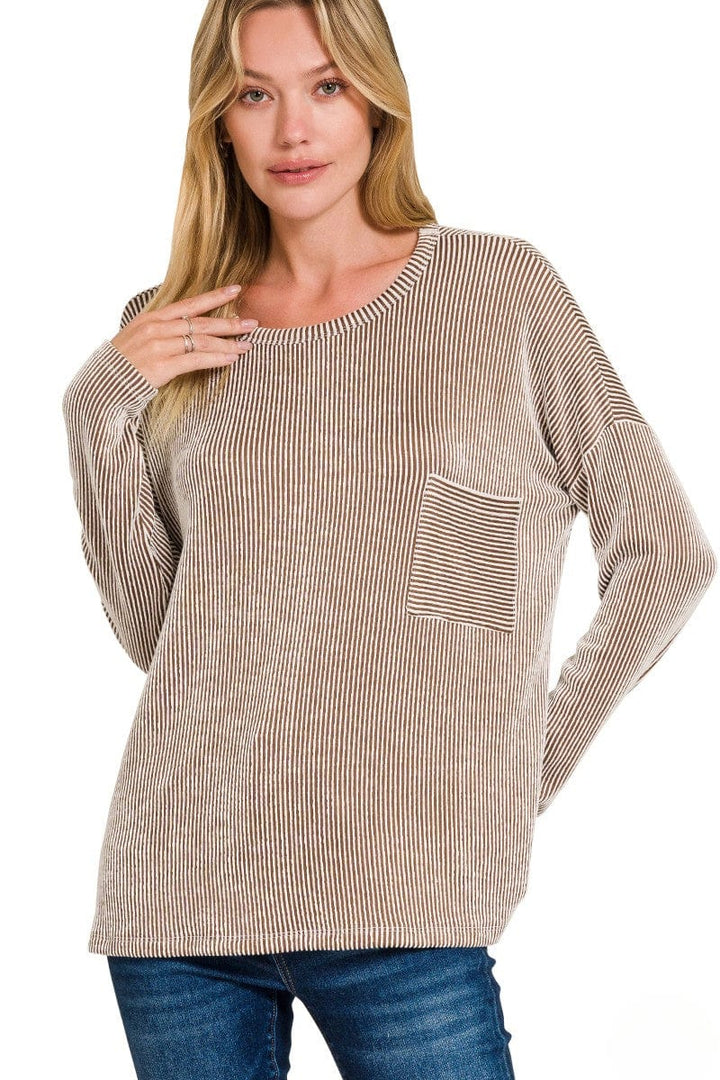 Zenana Ribbed Striped Oversized Long Sleeve Front Pocket Top
