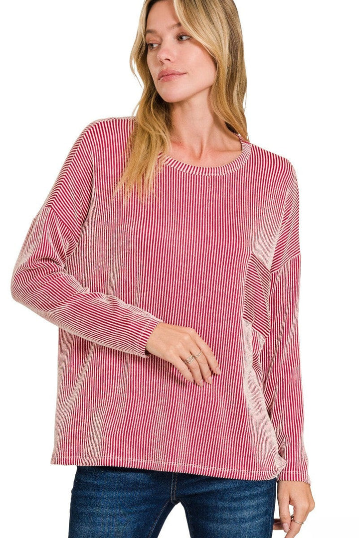 Zenana Ribbed Striped Oversized Long Sleeve Front Pocket Top