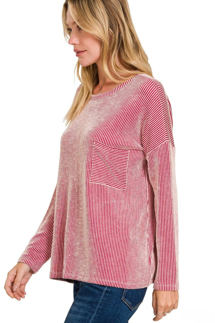 Zenana Ribbed Striped Oversized Long Sleeve Front Pocket Top
