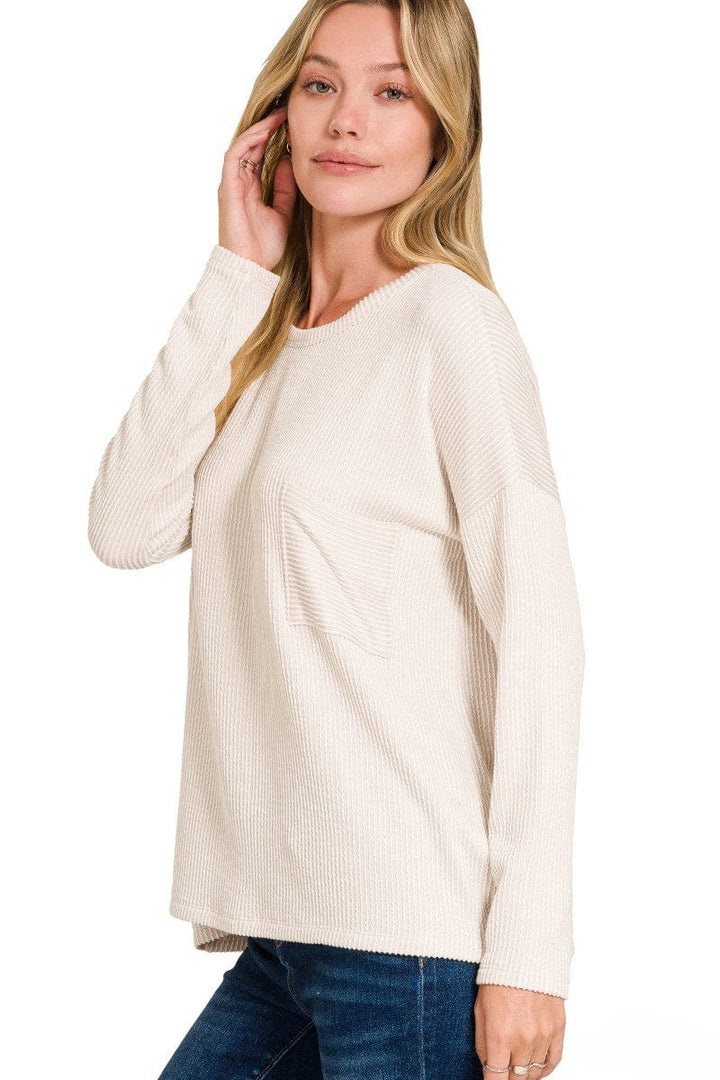 Zenana Ribbed Striped Oversized Long Sleeve Front Pocket Top
