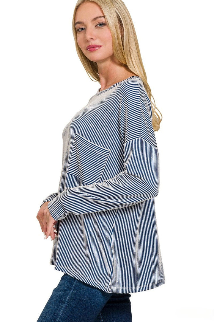 Zenana Ribbed Striped Oversized Long Sleeve Front Pocket Top