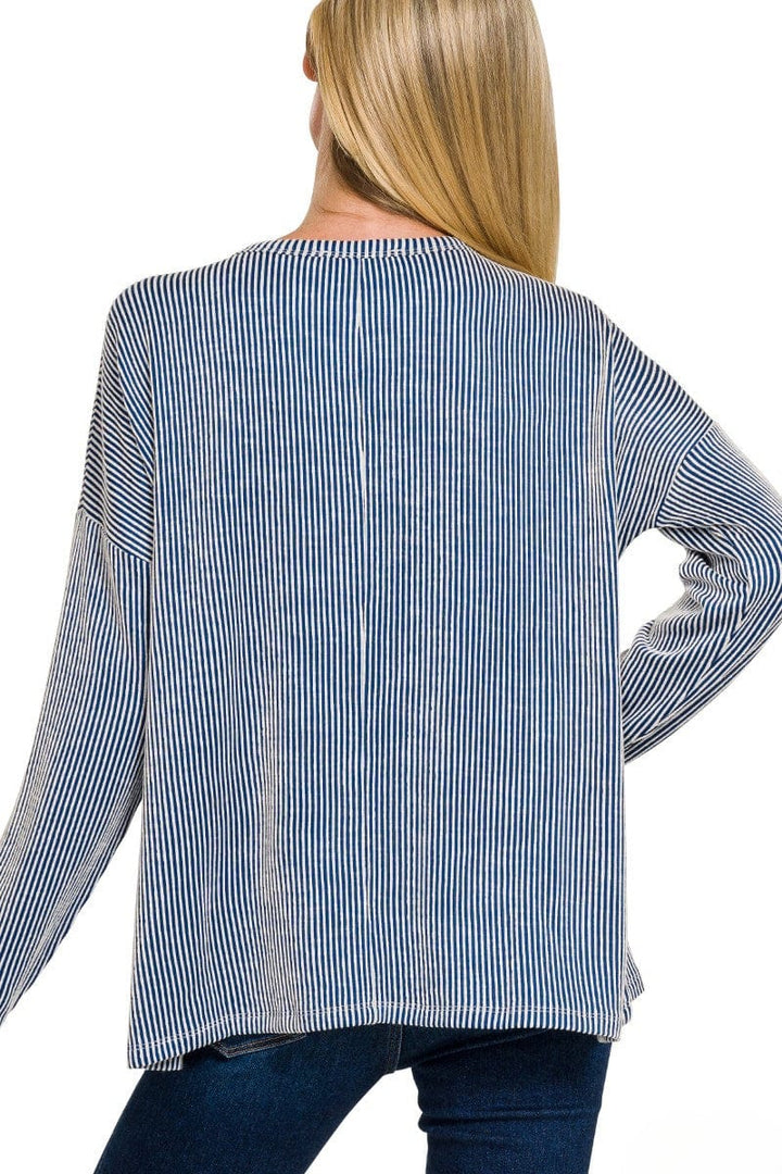 Zenana Ribbed Striped Oversized Long Sleeve Front Pocket Top