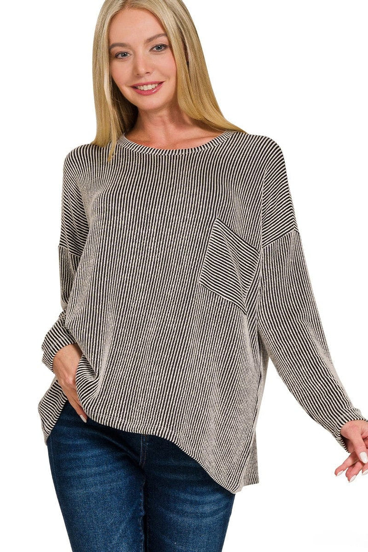 Zenana Ribbed Striped Oversized Long Sleeve Front Pocket Top