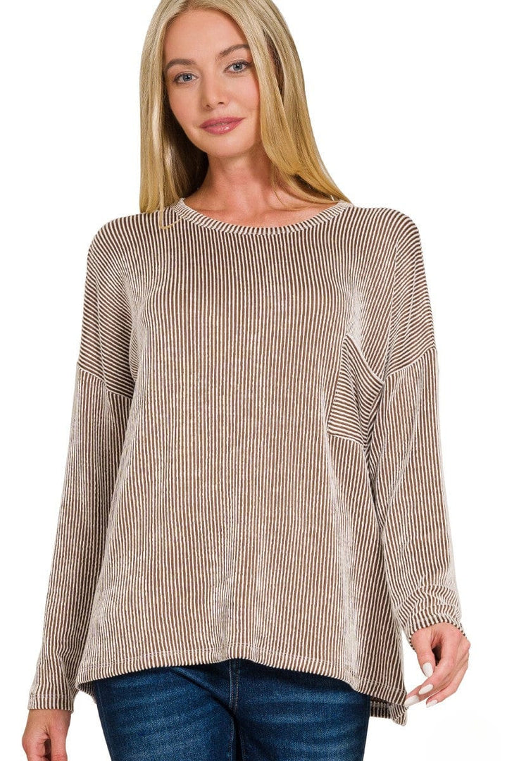 Zenana Ribbed Striped Oversized Long Sleeve Front Pocket Top