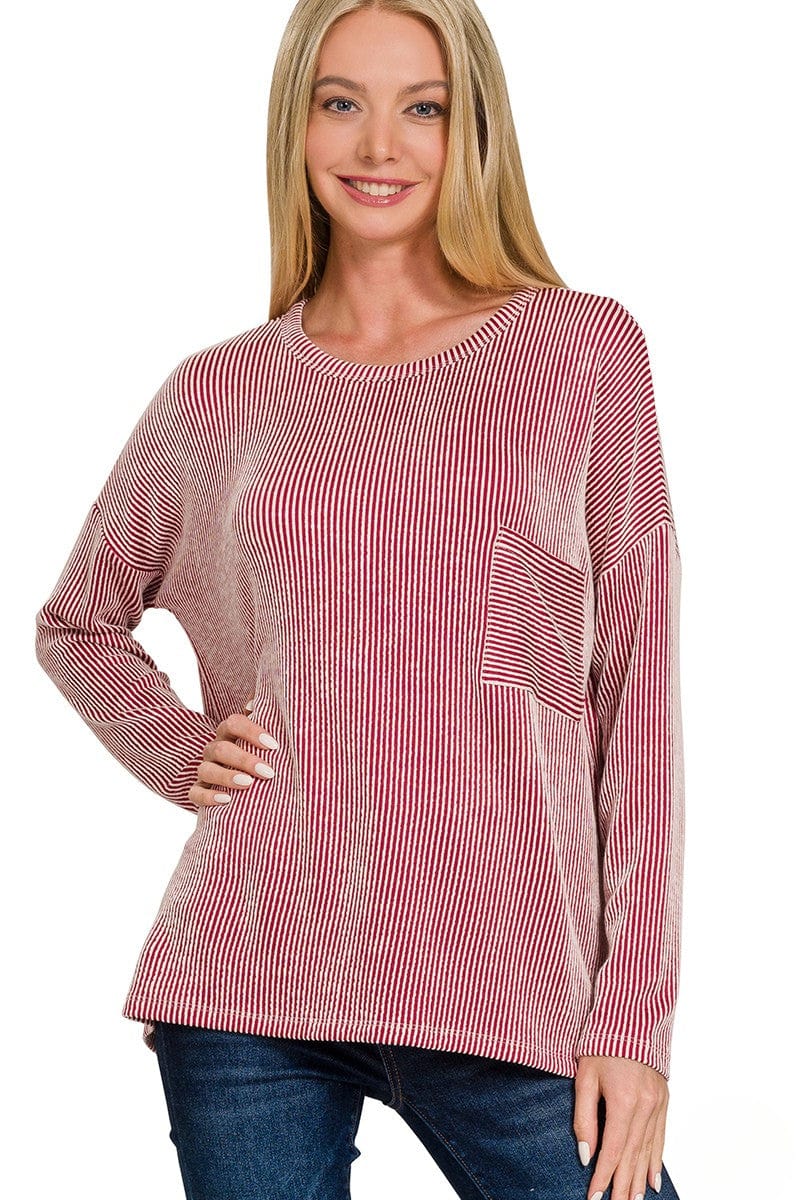 Zenana Ribbed Striped Oversized Long Sleeve Front Pocket Top