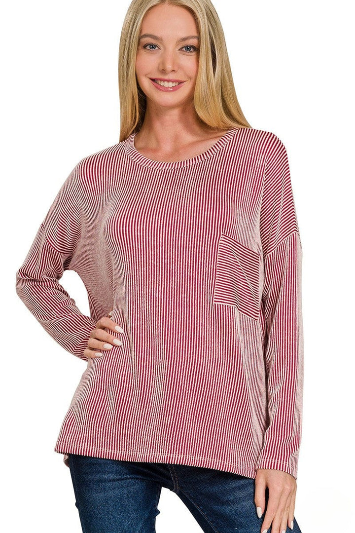 Zenana Ribbed Striped Oversized Long Sleeve Front Pocket Top