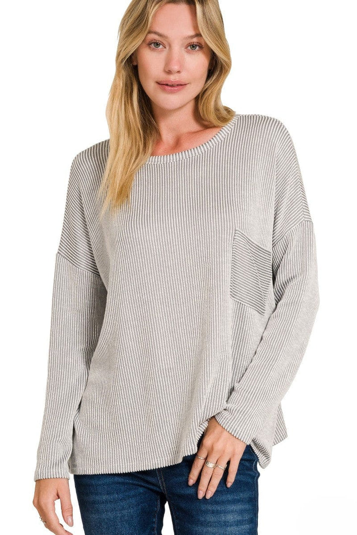 Zenana Ribbed Striped Oversized Long Sleeve Front Pocket Top