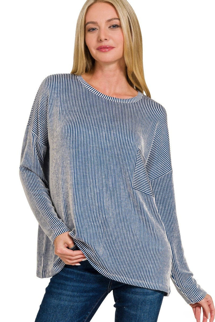 Zenana Ribbed Striped Oversized Long Sleeve Front Pocket Top