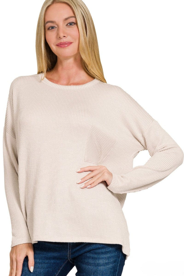 Zenana Ribbed Striped Oversized Long Sleeve Front Pocket Top