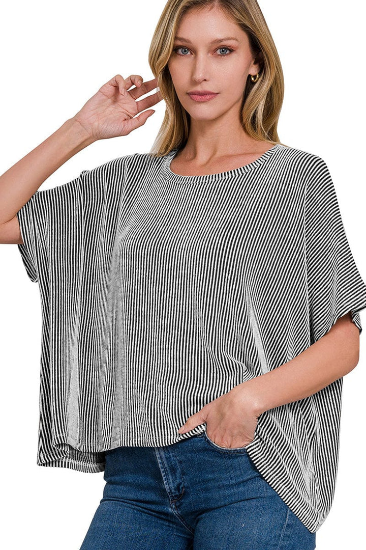 Zenana Ribbed Striped Oversized Short Sleeve Top