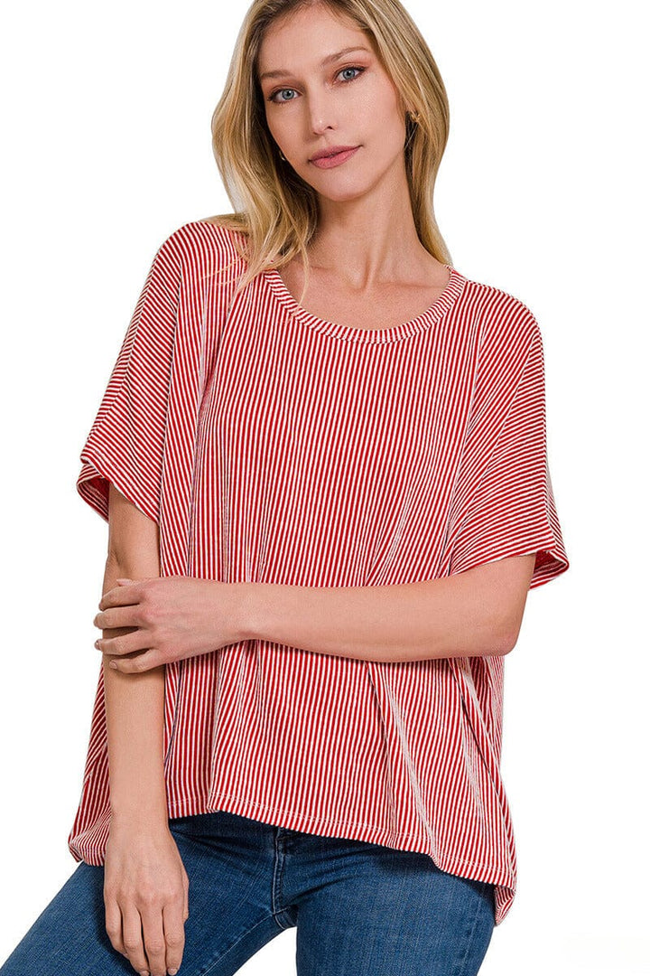 Zenana Ribbed Striped Oversized Short Sleeve Top