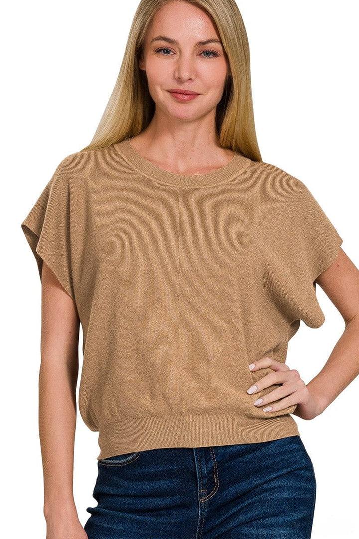 Zenana Round Neck Short Lightweight Dolman Sleeve Sweater