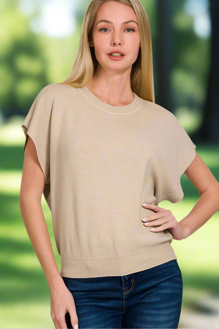 Zenana Round Neck Short Lightweight Dolman Sleeve Sweater