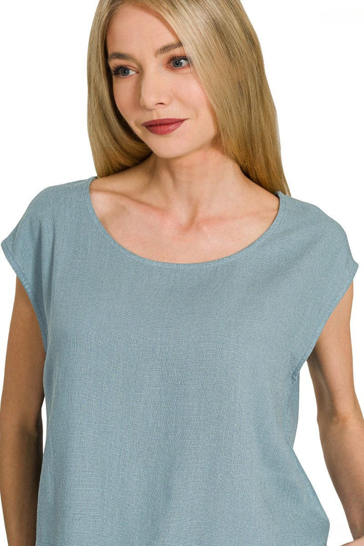 Zenana Round Neck Sleeveless Linen Top