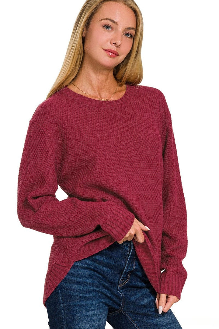 Zenana Round Neck Textured Knit Basic Sweater