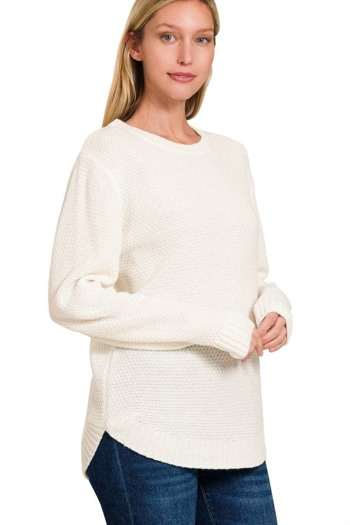 Zenana Round Neck Textured Knit Basic Sweater